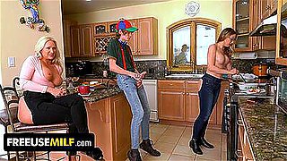 Step Mom Ophelia Kaan & Step Aunt Alexis Malone Pleasure Spoiled Boy In The Kitchen - FreeUse Milf