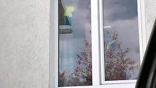 Public bareness Bare in public. Cab driver observing a warm beautiful dame Cougar which in bathrobe g-string-less and brassiere tidy kitchen window Outdoors Outside Boobies Meaty all-natural bra-stuffers Wooly twat Ash-blonde Voyeur