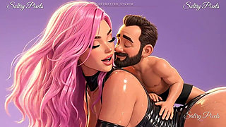 Pink-haired Anime Giantess on All Fours Gets a Cheek Kiss From Her Tiny Man