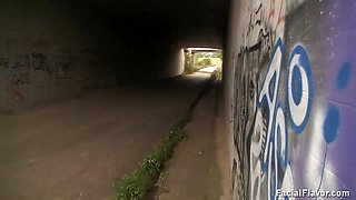 Angie condom blowjob in tunnel