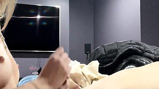 Blonde teen gives handjob and blowjob