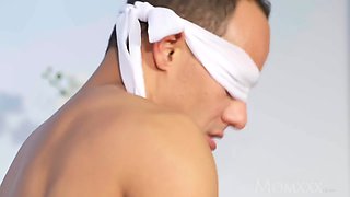 Mom Blindfolded husband tied up and fucked by wife in fishnet stockings