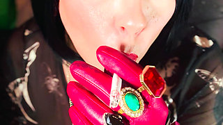 Leather Gloved Goth Tina Snua Smoking A Cork 100 Cigarette - OMI OME Snap Inhales Drifting Smoke