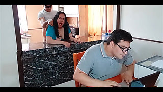 My Cuckold Husband Works While My Stepson Fucks Me in the Kitchen No