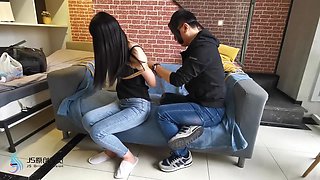 Cute Asian Tickled In Jeans