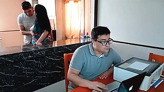 BBW Kelly Mom Hard Fuck With Stepson In Kitchen While Cuckold Husband Works