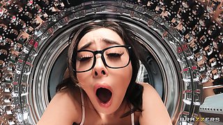 busty brunette babe gets stuck in a washing machine