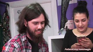 New domme makes submissive babe public orgy hump