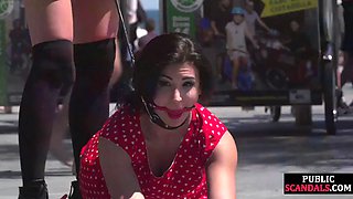 Humiliated public sub gagged and undressed by her master