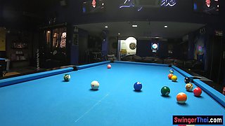 Curvy bottom Thai GF plays pool and blowjobs