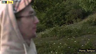 Hot Russian redhead gets wild in outdoor foursome - dirty talk & cowgirl action