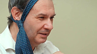 Tied up man has no choice but to watch the banging