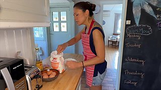 Hot wife with amazing natural tits gets her pussy filled while working in the kitchen