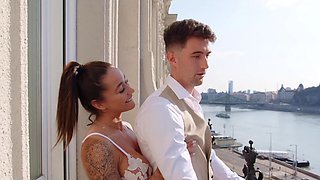 Sexy Inked Brunette Gal Gives Her BF a Great Blowjob On the Balcony & Lets Him Rough-fuck Her Indoor