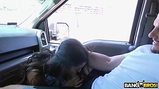 Sophia Leone sucks Jmac's big prick and licks balls in the car