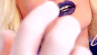 Medical nitrile white nurse gloves and fur with dark lipstick - Blonde ASMR