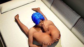 Blue-haired guy gives himself a blowjob and covers his face in jizz