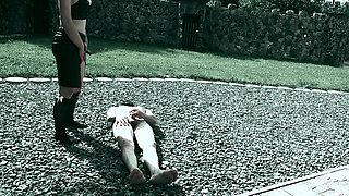 I allow him to wank while I PISS on his COCK - Toilet slavery Castle Outdoor