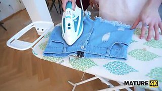 Mature Beauty With Hairy Pussy Fucks Young Handyman Hard